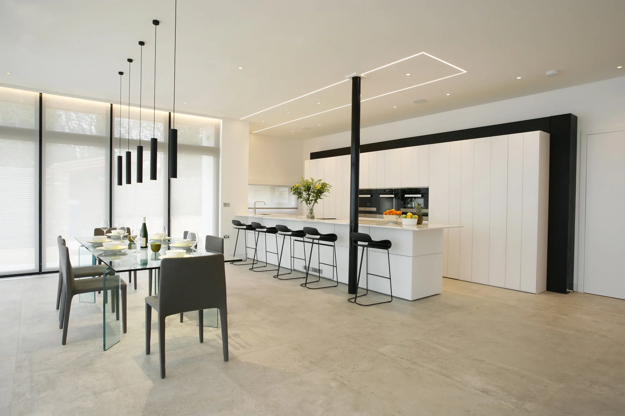 The Gunnery dining and kitchen space with linear and pendant lighting